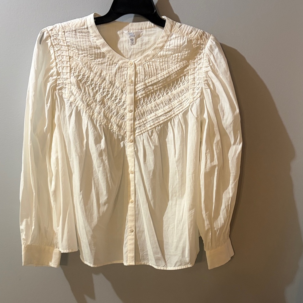 Time and Tru Cream Pintuck Yoke Button-Down Blouse